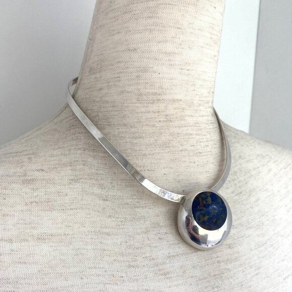 VTG Sterling Silver 950 Mexico Chunky Round Lapis Lazuli Inlay Pendant Brooch - Picture 12 of 16